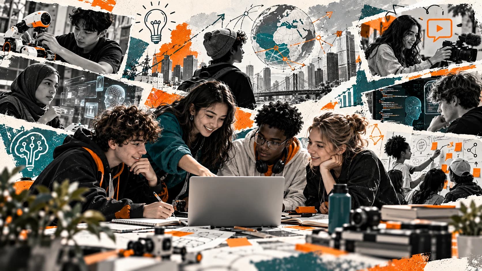 Teenagers collaborating around a laptop, with robotics, AI and a connected globe